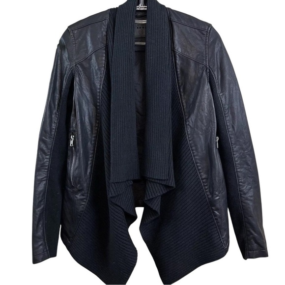 Blank NYC Faux Leather Draped Knit Open Front Zip Moto Jacket Black Size XS - Picture 8 of 8